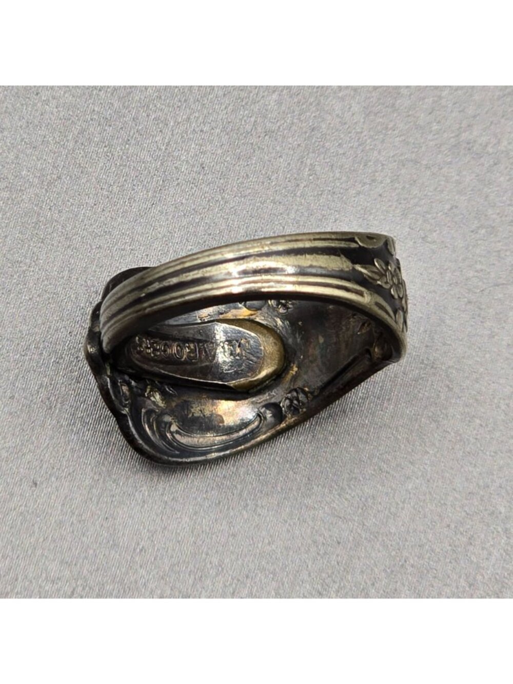 Vintage Oneida Silver Plate Spoon Ring Size 5 Rustic Floral Tapered Adjustable - Picture 4 of 10